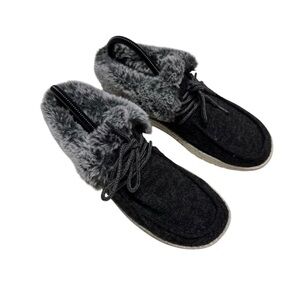 Hey Dude Britt Women Size 7 Faux Fur Slip On Shoes Black Grey Wendy Fold Casual